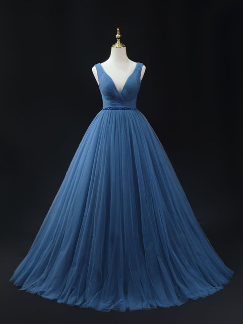 Royal Blue Tulle Ball Gown Wedding Dress - V-Neck Evening Dress - Sleeveless Corset Back Wedding Dress Plus Size